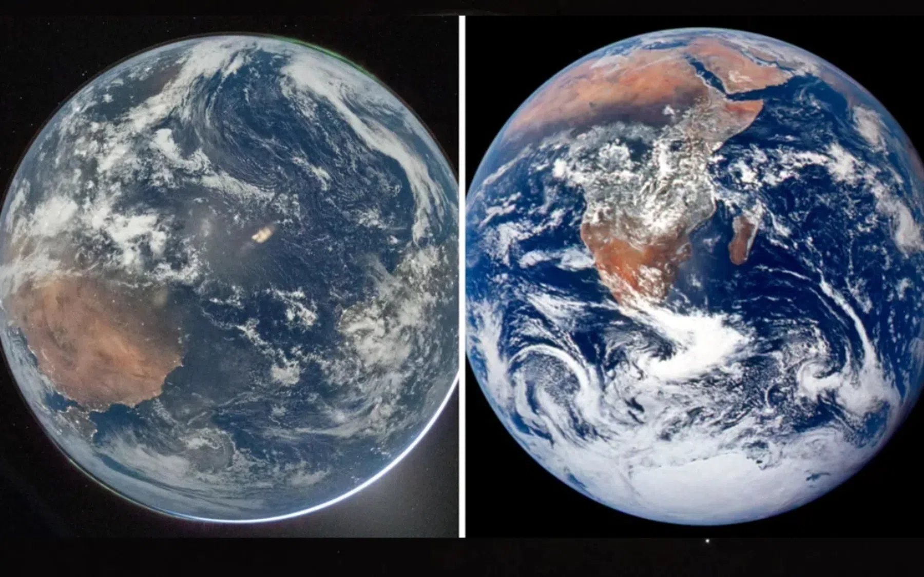Links: de aarde in 2026 - Rechts: de aarde in 1972